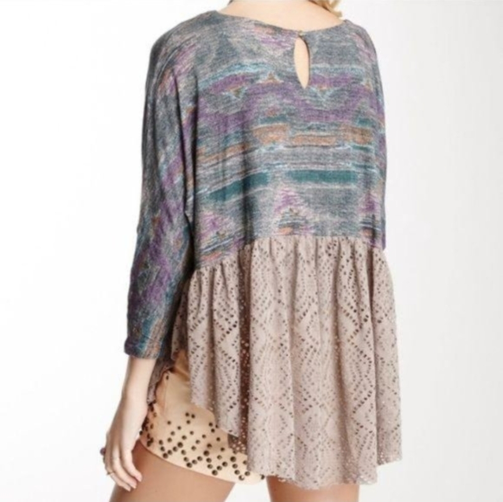 Free People Oversized Boho Tunic Top Mixed Media Eyelet Lace Hem Slouchy - Picture 3 of 11
